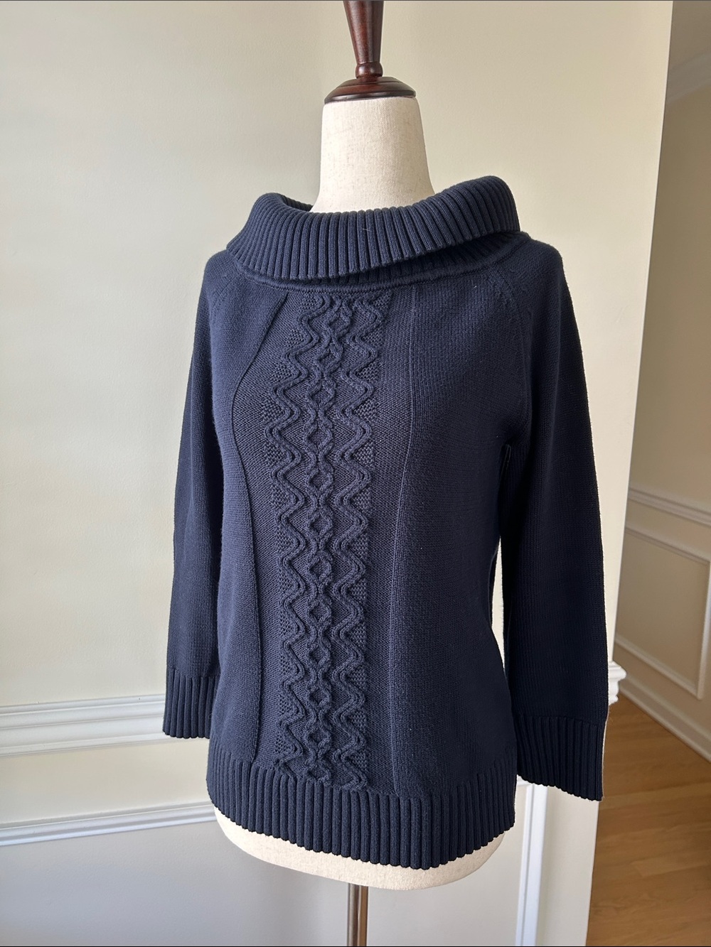 Brooks Brothers Navy Cable-Front Cowl-Neck Sweater
